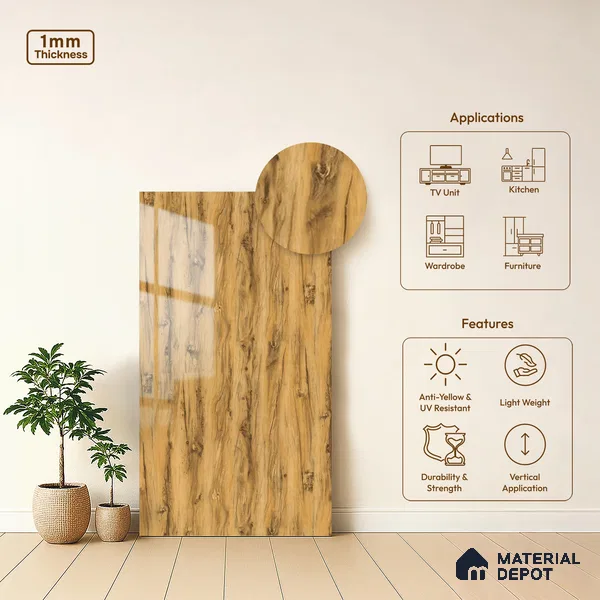 Wooden Look LM 13897 8 ft x 4 ft High Gloss Finish Decorative Laminate - 1 mm | Suitable for TV Unit, Wardrobe, Kitchen Cabinets
