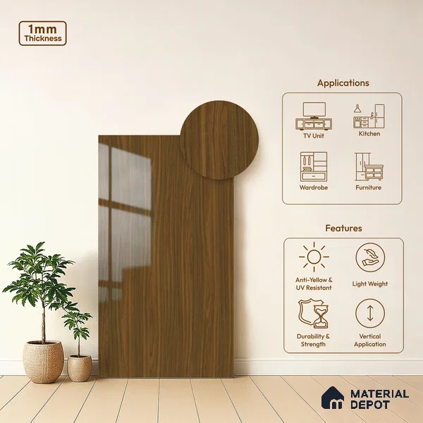 Wooden Look LM 13898 8 ft x 4 ft High Gloss Finish Decorative Laminate - 1 mm | Suitable for TV Unit, Wardrobe, Kitchen Cabinets