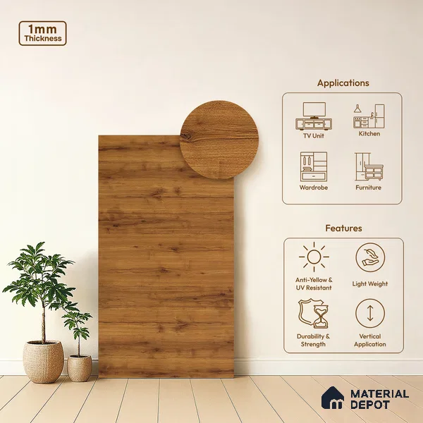 Wooden Look LM 13936 Chamios Tropical 8 ft x 4 ft Texture Finish Decorative Laminate - 1 mm | Suitable for TV Unit, Wardrobe, Kitchen Cabinets