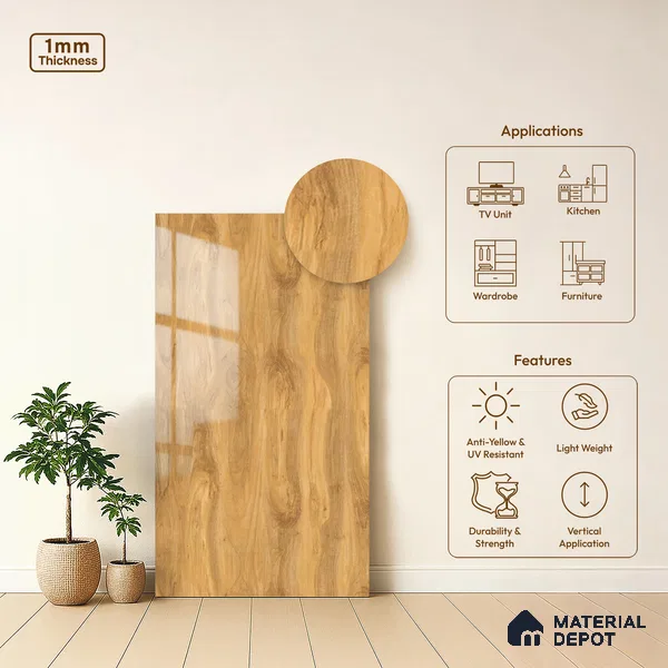 Wooden Look LM 13946 8 ft x 4 ft Glossy Finish Decorative Laminate - 1 mm | Suitable for TV Unit, Wardrobe, Kitchen Cabinets