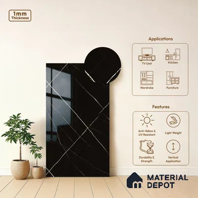 Black Marble Look LM 10896 8 ft x 4 ft Glossy Finish Decorative Laminate - 1 mm | Suitable for TV Unit, Wardrobe, Kitchen Cabinets