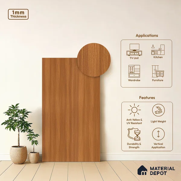 Wooden Look LM 17424 Natural Teak 10 ft x 4 ft Suede Finish Decorative Laminate - 1 mm | Suitable for TV Unit, Wardrobe, Kitchen Cabinets