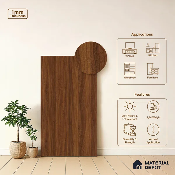 Wooden Look LM 21362 Cherry Wood 8 ft x 4 ft PU Finish Decorative Laminate - 1 mm | Suitable for TV Unit, Wardrobe, Kitchen Cabinets
