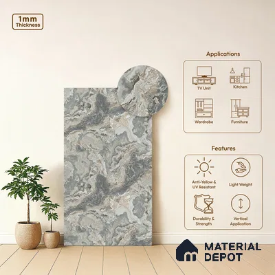 Grey Marble Look LM 21363 8 ft x 4 ft PU Finish Decorative Laminate - 1 mm | Suitable for TV Unit, Wardrobe, Kitchen Cabinets