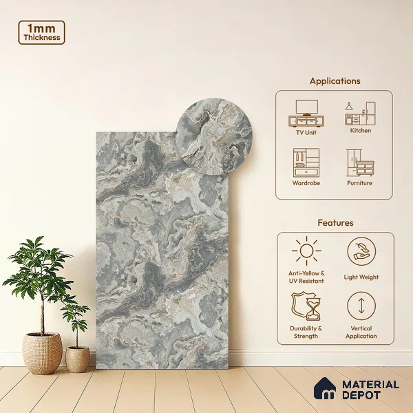 Grey Marble Look LM 21363 8 ft x 4 ft PU Finish Decorative Laminate - 1 mm | Suitable for TV Unit, Wardrobe, Kitchen Cabinets