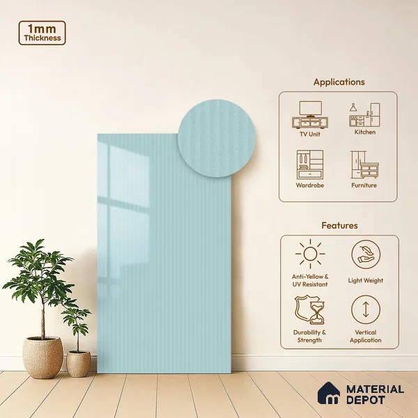 Powder Blue Fluted Solid Color LM 21365 8 ft x 4 ft High Gloss Finish Decorative Laminate - 1 mm | Suitable for TV Unit,Wardrobe, Kitchen Cabinets
