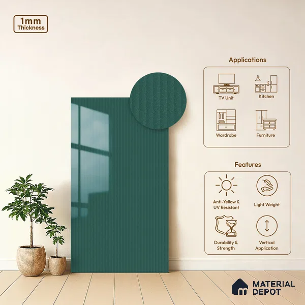 Teal Blue Fluted Solid Color LM 21367 8 ft x 4 ft High Gloss Finish Decorative Laminate - 1 mm | Suitable for TV Unit,Wardrobe, Kitchen Cabinets