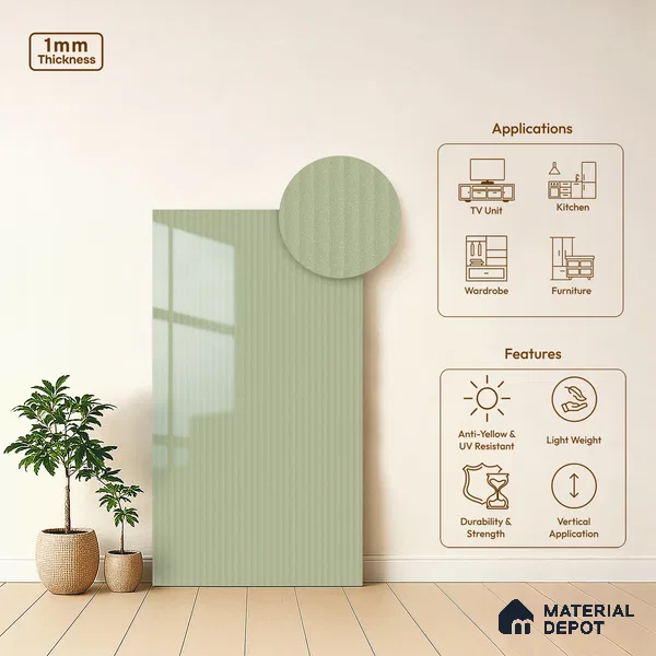 Pale Grey Fluted Solid Color LM 21368 8 ft x 4 ft High Gloss Finish Decorative Laminate - 1 mm | Suitable for TV Unit,Wardrobe, Kitchen Cabinets