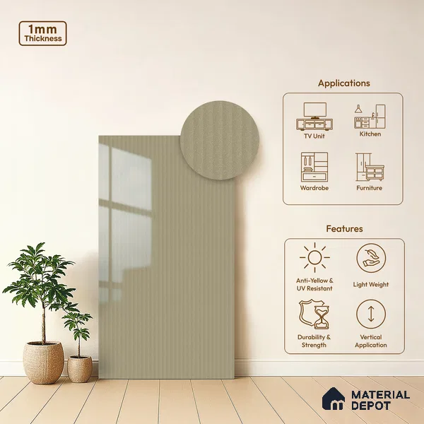 Light Taupe Brown Fluted Solid Color LM 21369 8 ft x 4 ft High Gloss Finish Decorative Laminate - 1 mm | Suitable for TV Unit,Wardrobe, Kitchen Cabinets