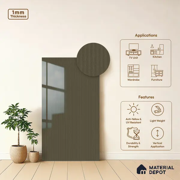 Olive Brown Fluted Solid Color LM 21370 8 ft x 4 ft High Gloss Finish Decorative Laminate - 1 mm | Suitable for TV Unit,Wardrobe, Kitchen Cabinets