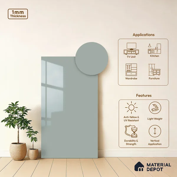 Pale Cool Grey Solid Colors Look LM 21381 8 ft x 4 ft High Gloss Finish Decorative Laminate - 1 mm | Suitable for Living Room, Kitchen, Office
