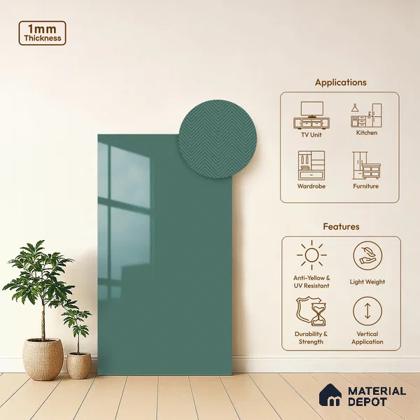 Teal Green Solid Colors Look LM 21383 8 ft x 4 ft High Gloss Finish Decorative Laminate - 1 mm | Suitable for Living Room, Kitchen, Office