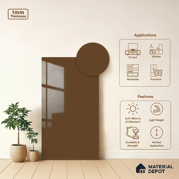 Chocolate Brown Solid Colors Look LM 21384 8 ft x 4 ft High Gloss Finish Decorative Laminate - 1 mm | Suitable for Living Room, Kitchen, Office