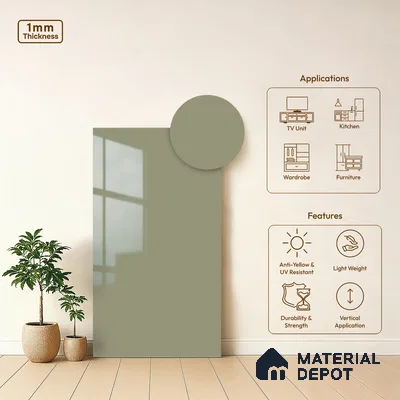 Pale Grey Green Solid Colors Look LM 21385 8 ft x 4 ft High Gloss Finish Decorative Laminate - 1 mm | Suitable for Living Room, Kitchen, Office