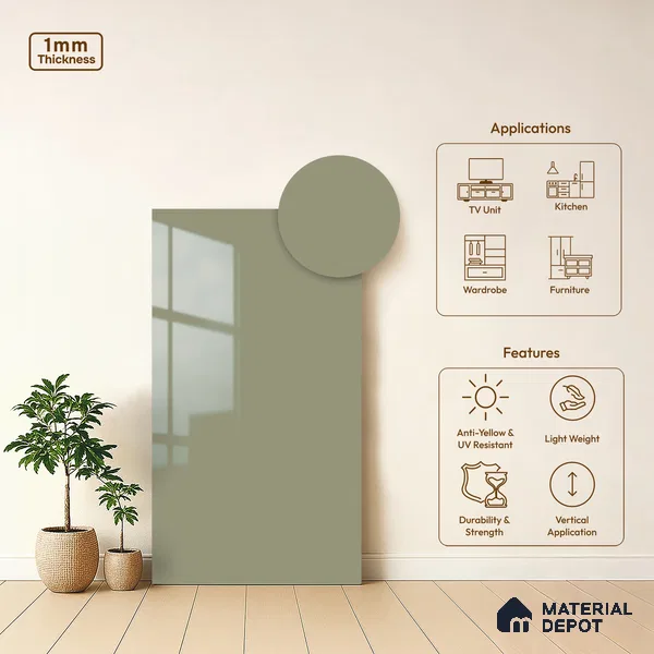 Pale Grey Green Solid Colors Look LM 21385 8 ft x 4 ft High Gloss Finish Decorative Laminate - 1 mm | Suitable for Living Room, Kitchen, Office