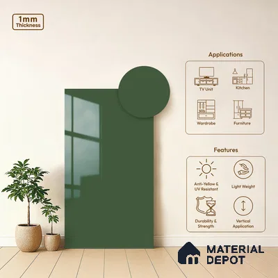 Forest Green Solid Colors Look LM 21386 8 ft x 4 ft High Gloss Finish Decorative Laminate - 1 mm | Suitable for Living Room, Kitchen, Office