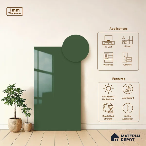 Forest Green Solid Colors Look LM 21386 8 ft x 4 ft High Gloss Finish Decorative Laminate - 1 mm | Suitable for Living Room, Kitchen, Office