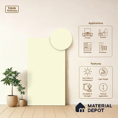 Pale Cream Solid Colors Look LM 21389 8 ft x 4 ft High Gloss Finish Decorative Laminate - 1 mm | Suitable for Living Room, Kitchen, Office
