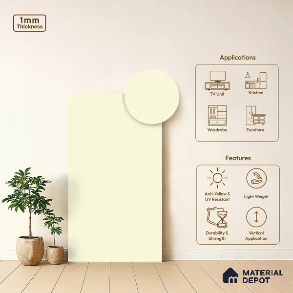 Pale Cream Solid Colors Look LM 21389 8 ft x 4 ft High Gloss Finish Decorative Laminate - 1 mm | Suitable for Living Room, Kitchen, Office