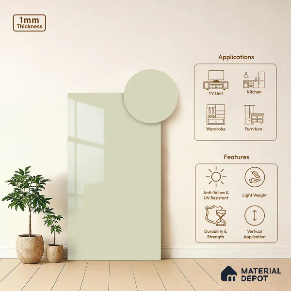 Pale Grey Solid Colors Look LM 21390 8 ft x 4 ft High Gloss Finish Decorative Laminate - 1 mm | Suitable for Living Room, Kitchen, Office