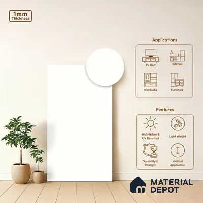 Soft White Solid Colors Look LM 21393 8 ft x 4 ft High Gloss Finish Decorative Laminate - 1 mm | Suitable for Living Room, Kitchen, Office