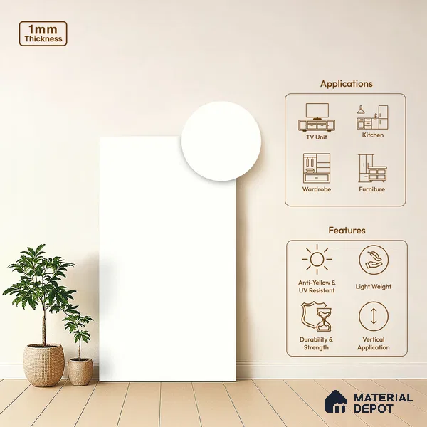 Soft White Solid Colors Look LM 21393 8 ft x 4 ft High Gloss Finish Decorative Laminate - 1 mm | Suitable for Living Room, Kitchen, Office