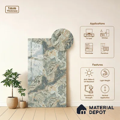 Grey Marble Look LM 21394 8 ft x 4 ft High Gloss Finish Decorative Laminate - 1 mm | Suitable for TV Unit, Wardrobe, Kitchen Cabinets