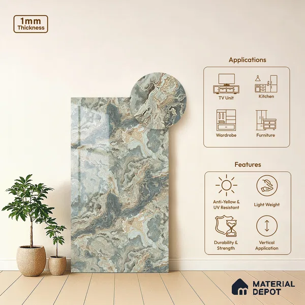 Grey Marble Look LM 21394 8 ft x 4 ft High Gloss Finish Decorative Laminate - 1 mm | Suitable for TV Unit, Wardrobe, Kitchen Cabinets