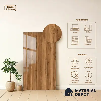 Wooden Look LM 21395 Swiss Walnut 8 ft x 4 ft High Gloss Finish Decorative Laminate - 1 mm | Suitable for TV Unit, Wardrobe, Kitchen Cabinets
