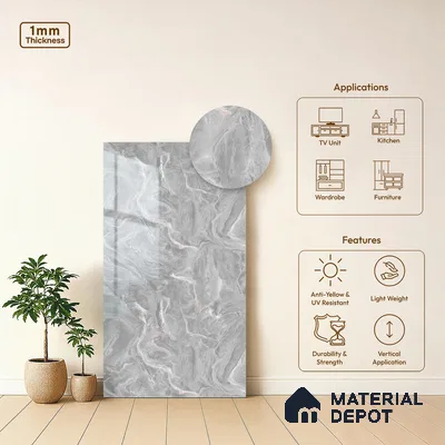 Grey Marble Look LM 21396 8 ft x 4 ft High Gloss Finish Decorative Laminate - 1 mm | Suitable for TV Unit, Wardrobe, Kitchen Cabinets