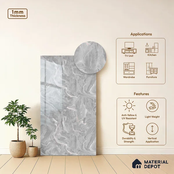 Grey Marble Look LM 21396 8 ft x 4 ft High Gloss Finish Decorative Laminate - 1 mm | Suitable for TV Unit, Wardrobe, Kitchen Cabinets