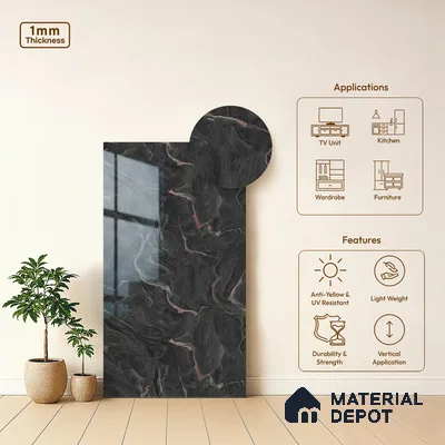 Grey Marble Look LM 21397 8 ft x 4 ft High Gloss Finish Decorative Laminate - 1 mm | Suitable for TV Unit, Wardrobe, Kitchen Cabinets