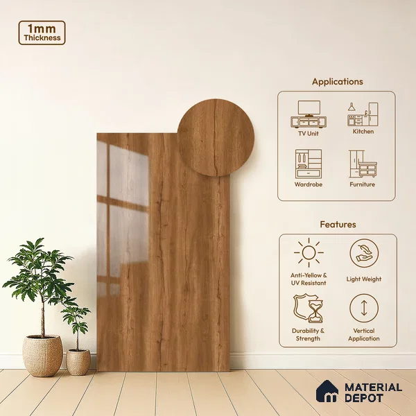 Wooden Look LM 21398 Regal Dark 8 ft x 4 ft High Gloss Finish Decorative Laminate - 1 mm | Suitable for TV Unit, Wardrobe, Kitchen Cabinets