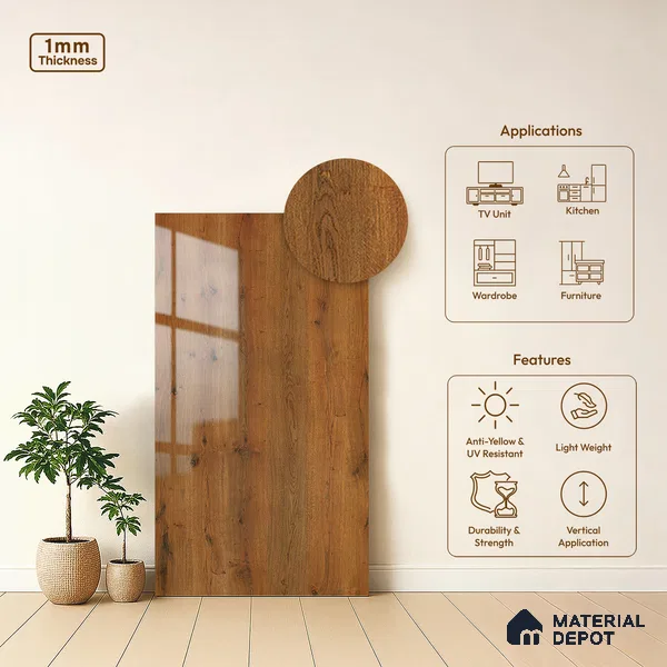 Wooden Look LM 21399 Royal Oak 8 ft x 4 ft High Gloss Finish Decorative Laminate - 1 mm | Suitable for TV Unit, Wardrobe, Kitchen Cabinets