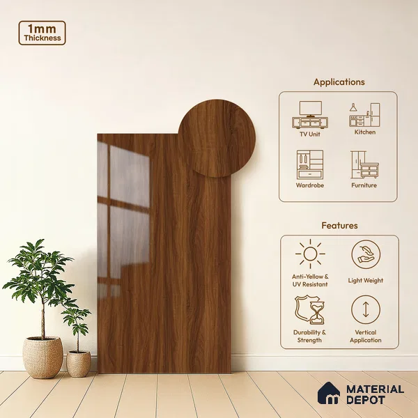 Wooden Look LM 21400 Cherry Wood 8 ft x 4 ft High Gloss Finish Decorative Laminate - 1 mm | Suitable for TV Unit, Wardrobe, Kitchen Cabinets