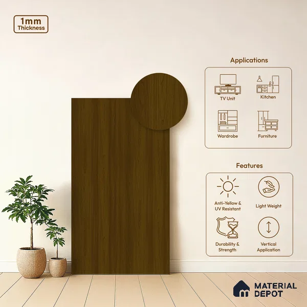 Wooden Look LM 21425 African Walnut Dark 8 ft x 4 ft Texture Finish Decorative Laminate - 1 mm | Suitable for TV Unit, Wardrobe, Kitchen Cabinets