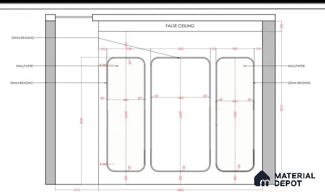Forest Arch Groove Wall 8.7 ft x 4.6 ft HDHMR Panel - 17 mm (It consists 6 panels (3 front and 3 back panels 840 mm width | 2140 mm Length ) among those wallpaper panel size is 9.8 ft length and 3.2 Width) | (with 6 Flate Beading) | (12 Corner Round Beading)