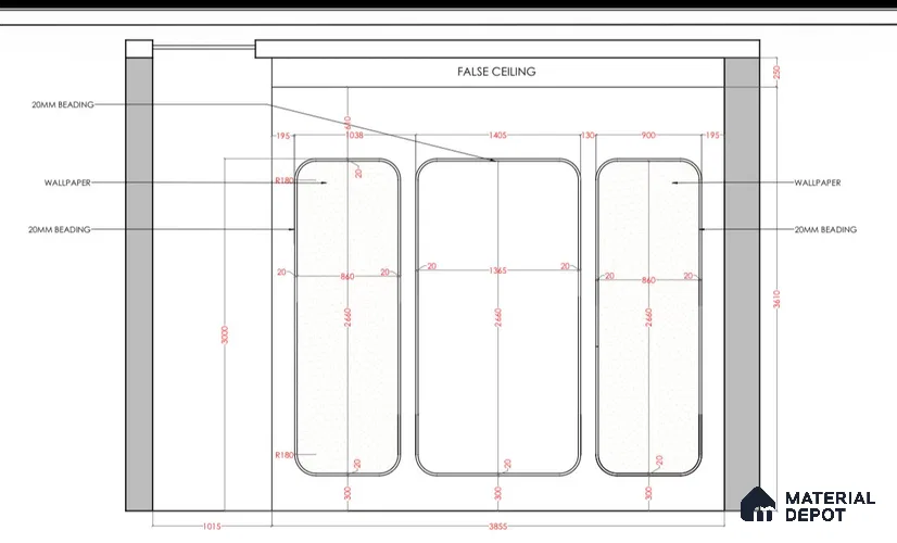 Forest Arch Groove Wall 8.7 ft x 4.6 ft HDHMR Panel - 17 mm (It consists 6 panels (3 front and 3 back panels 840 mm width | 2140 mm Length ) among those wallpaper panel size is 9.8 ft length and 3.2 Width) | (with 6 Flate Beading) | (12 Corner Round Beading)