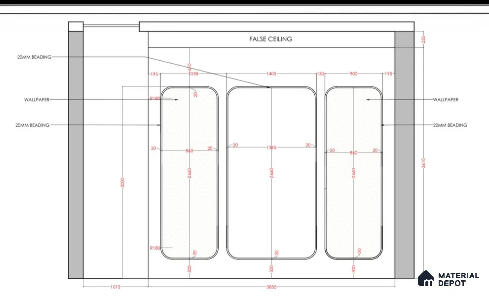 Forest Arch Groove Wall 8.7 ft x 4.6 ft HDHMR Panel - 17 mm (It consists 6 panels (3 front and 3 back panels 840 mm width | 2140 mm Length ) among those wallpaper panel size is 9.8 ft length and 3.2 Width) | (with 6 Flate Beading) | (12 Corner Round Beading)