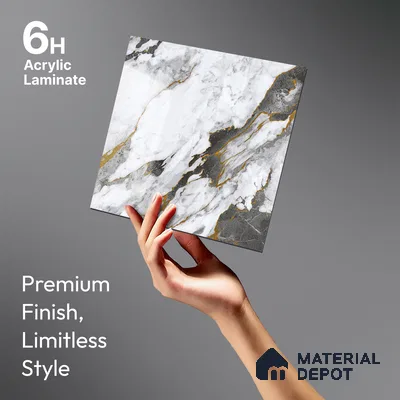 White Marble Look LM 23344 Goldine Ravine 8 ft x 4 ft High Gloss Finish 6H Anti Scratch Acrylic Laminate - 1.5 mm | Suitable for Kitchen Cabinet, TV Unit, Wardrobe