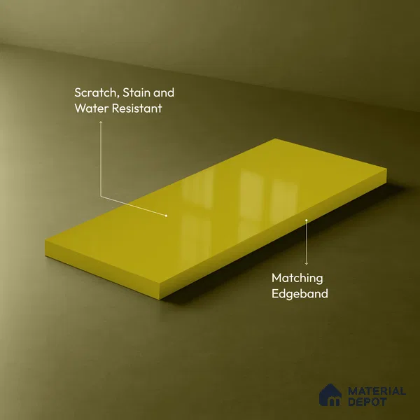 Solid Colors Look LM 19250 Mustard Yellow 8 ft x 4 ft Glossy Finish Decorative Laminate - 1 mm | Suitable for Living Room, Kitchen, Office