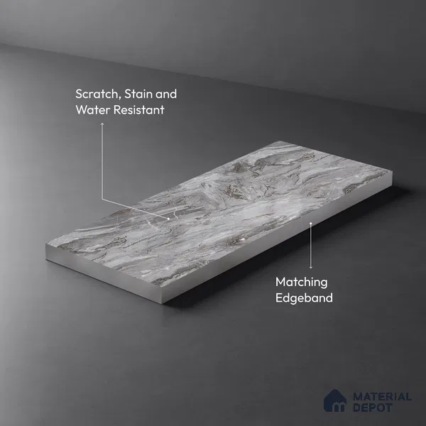Silver Marble Look LM 23342 Silver Canyon 8 ft x 4 ft High Gloss Finish 6H Anti Scratch Acrylic Laminate - 1.5 mm | Suitable for Kitchen Cabinet, TV Unit, Wardrobe