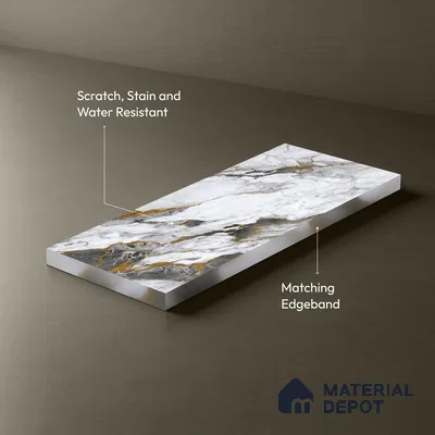 White Marble Look LM 23344 Goldine Ravine 8 ft x 4 ft High Gloss Finish 6H Anti Scratch Acrylic Laminate - 1.5 mm | Suitable for Kitchen Cabinet, TV Unit, Wardrobe