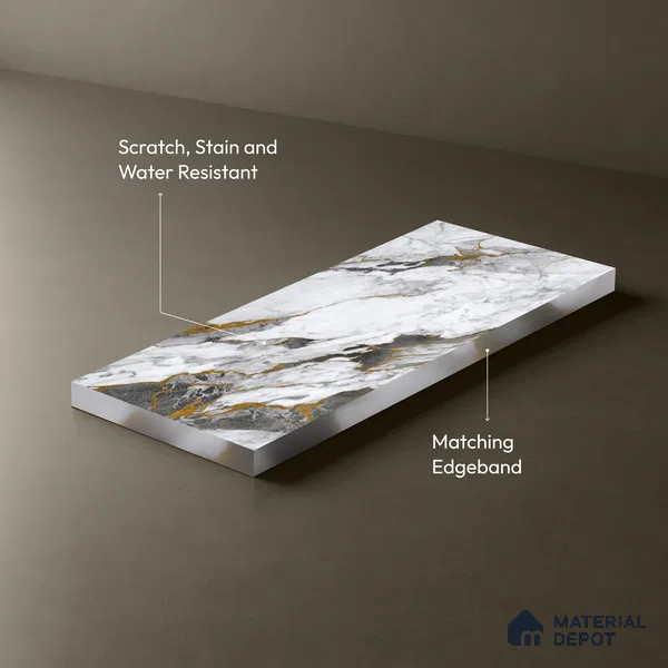 White Marble Look LM 23344 Goldine Ravine 8 ft x 4 ft High Gloss Finish 6H Anti Scratch Acrylic Laminate - 1.5 mm | Suitable for Kitchen Cabinet, TV Unit, Wardrobe
