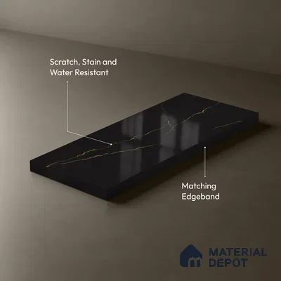 Black Marble Look LM 23347 Golden Rift 8 ft x 4 ft High Gloss Finish 6H Anti Scratch Acrylic Laminate - 1.5 mm | Suitable for Kitchen Cabinet, TV Unit, Wardrobe