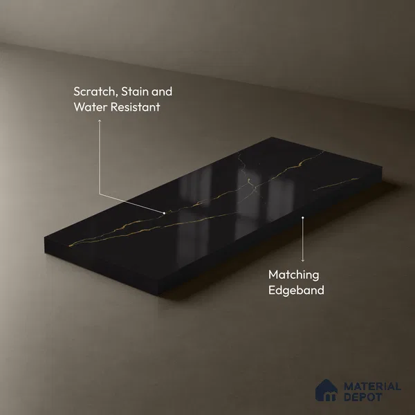Black Marble Look LM 23347 Golden Rift 8 ft x 4 ft High Gloss Finish 6H Anti Scratch Acrylic Laminate - 1.5 mm | Suitable for Kitchen Cabinet, TV Unit, Wardrobe