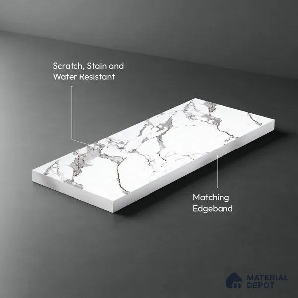 White Marble Look LM 23350 Luna Carrara 8 ft x 4 ft High Gloss Finish 6H Anti Scratch Acrylic Laminate - 1.5 mm | Suitable for Kitchen Cabinet, TV Unit, Wardrobe