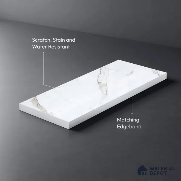 White Marble Look LM 23355 Pietra Lino 8 ft x 4 ft High Gloss Finish 6H Anti Scratch Acrylic Laminate - 1.5 mm | Suitable for Kitchen Cabinet, TV Unit, Wardrobe