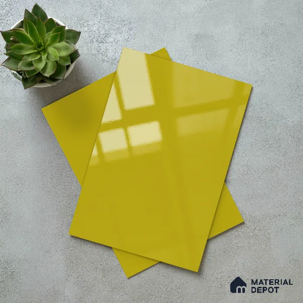 Solid Colors Look LM 19250 Mustard Yellow 8 ft x 4 ft Glossy Finish Decorative Laminate - 1 mm | Suitable for Living Room, Kitchen, Office
