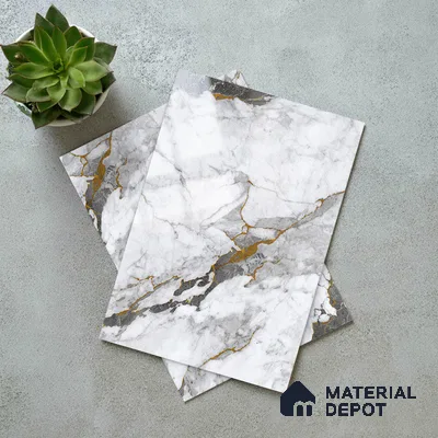 White Marble Look LM 23344 Goldine Ravine 8 ft x 4 ft High Gloss Finish 6H Anti Scratch Acrylic Laminate - 1.5 mm | Suitable for Kitchen Cabinet, TV Unit, Wardrobe